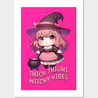 Thick Thighs Witchy Vibes Cute Kawaii Chubby Witch Posters and Art